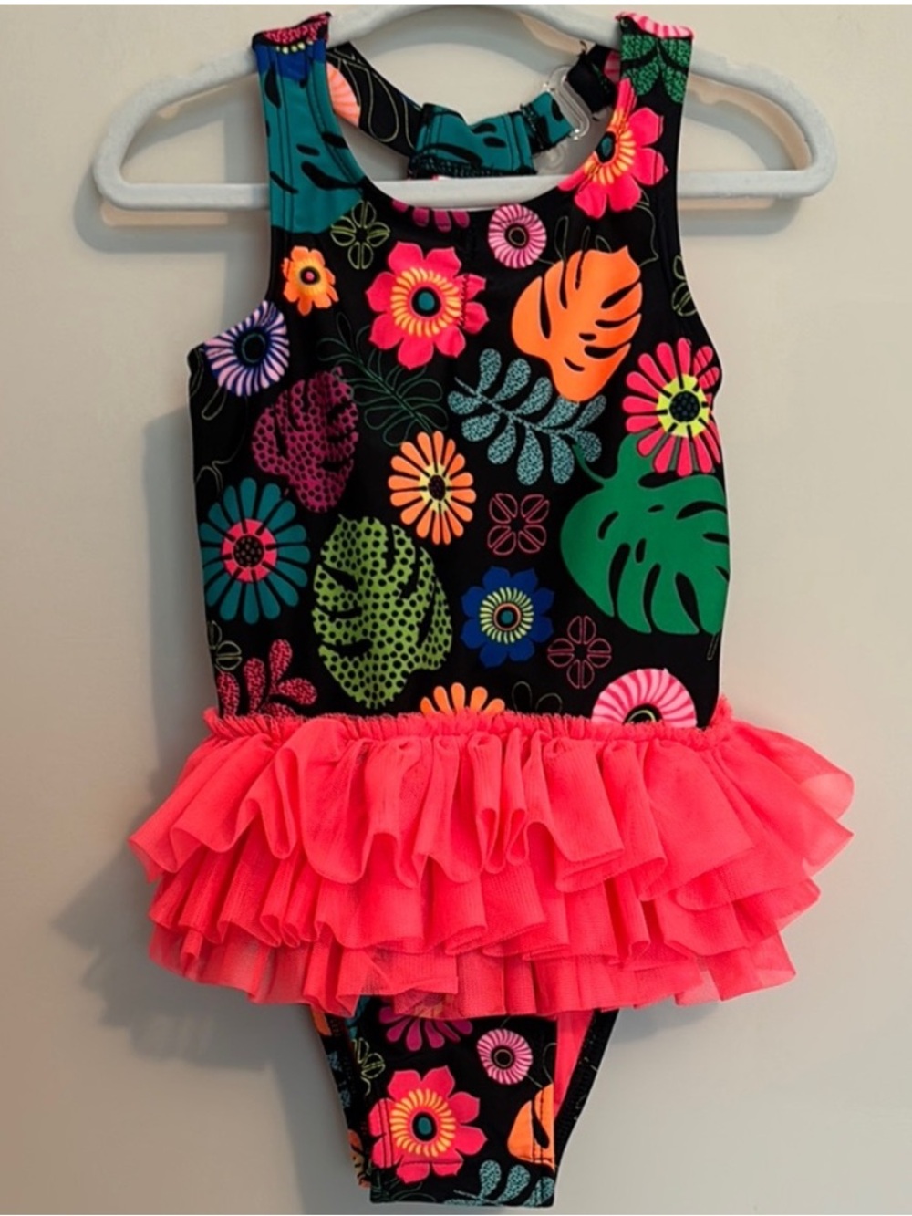 Cat & Jack Black Floral One-Piece Swimsuit with Neon Pink Ruffle